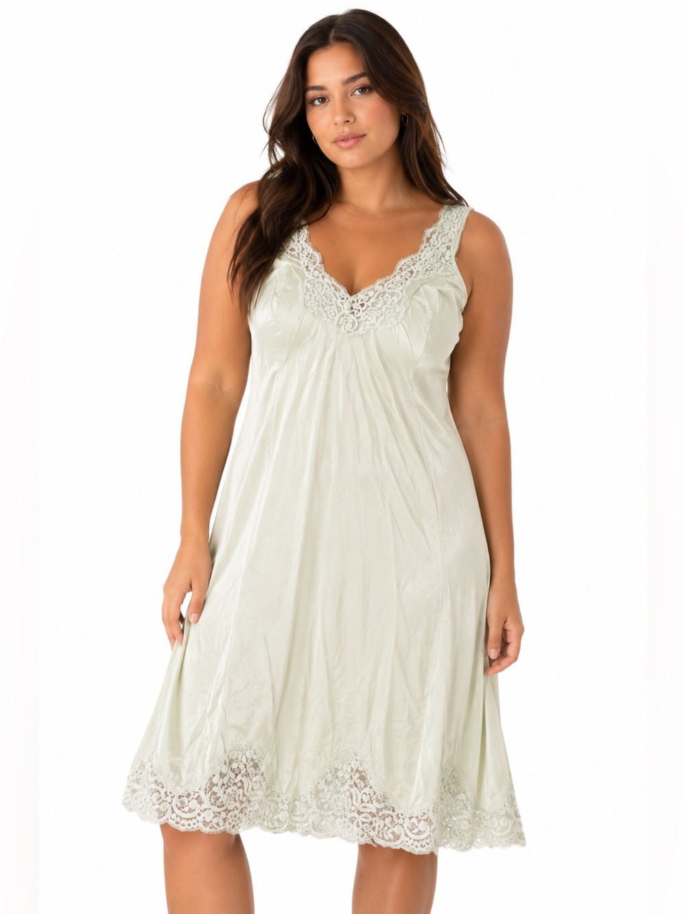 70s/80s European Vintage Silky Lace Trim Midi Slip Dress (Green/Cream) Size M/L